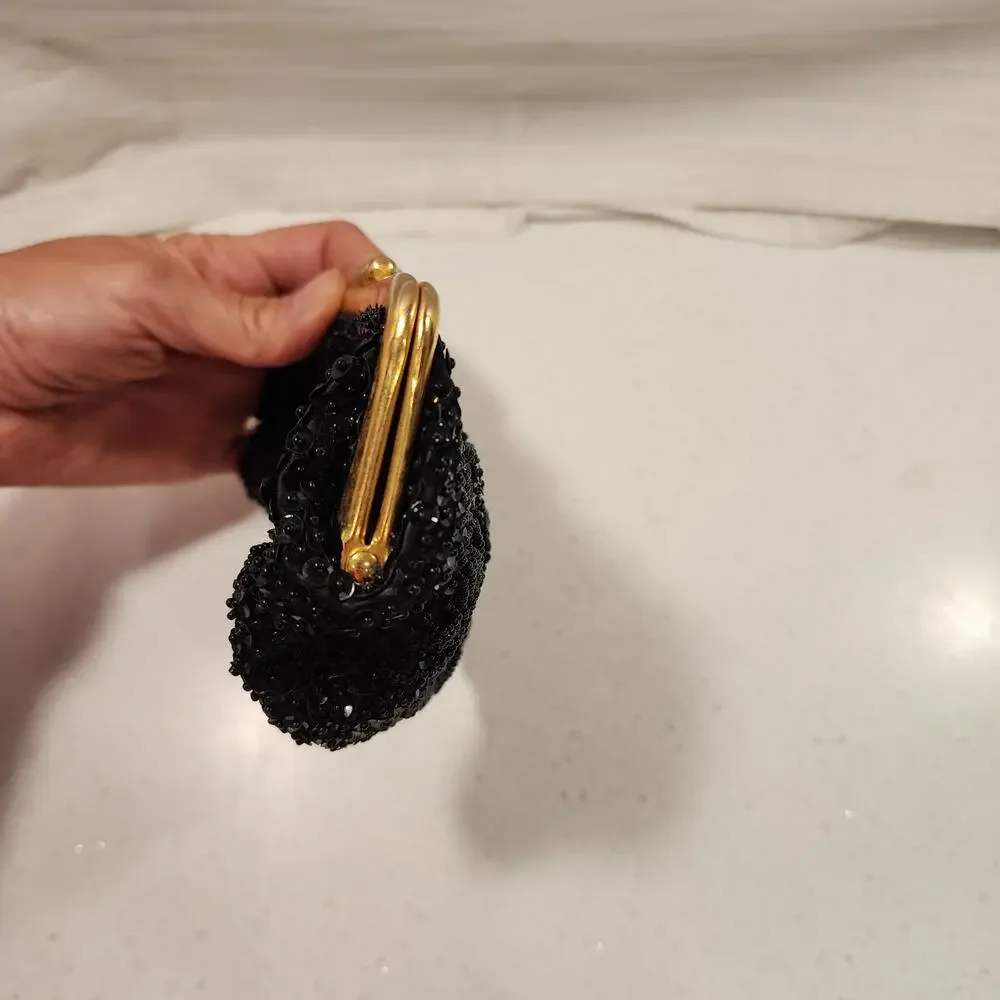 Vintage Black Beaded & Sequin  Gold Trim Small Clutch Purse-party- wedding